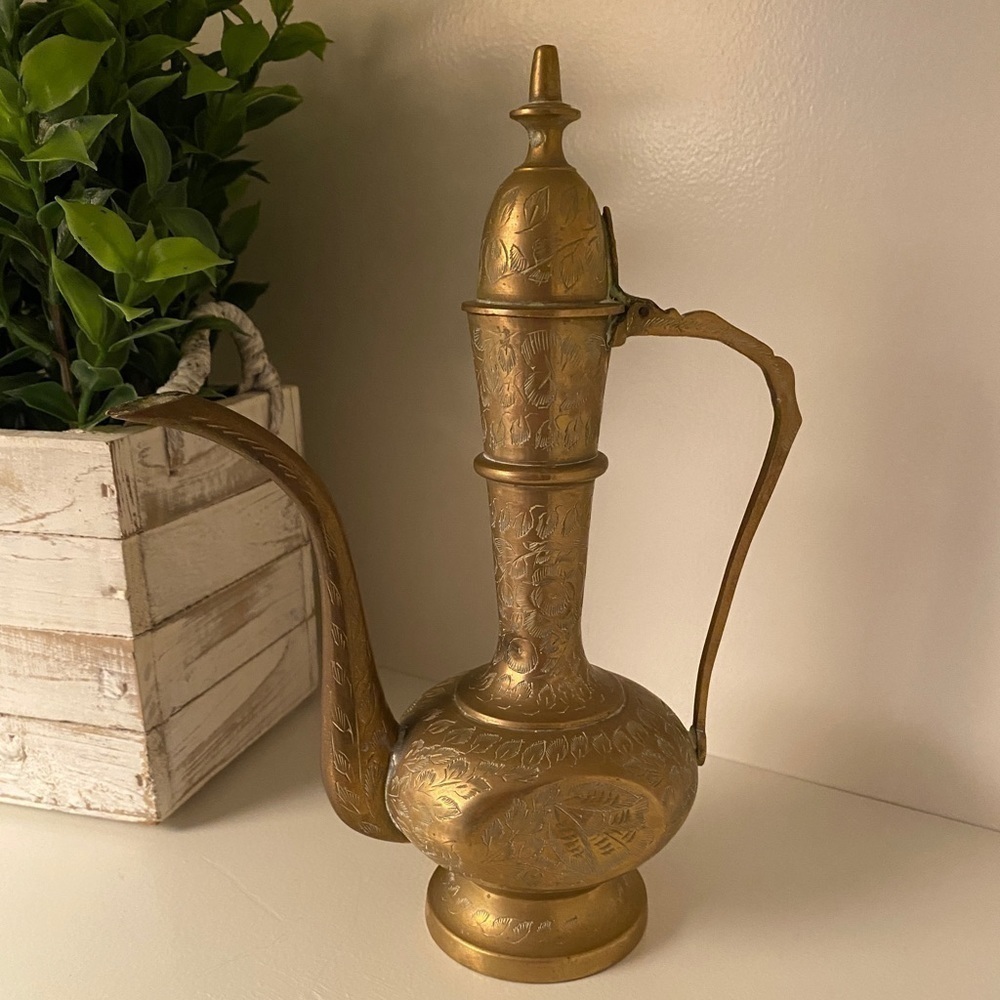 Vintage 1960’s  India Etched Brass Surah Dallah Genie Teapot Pitcher